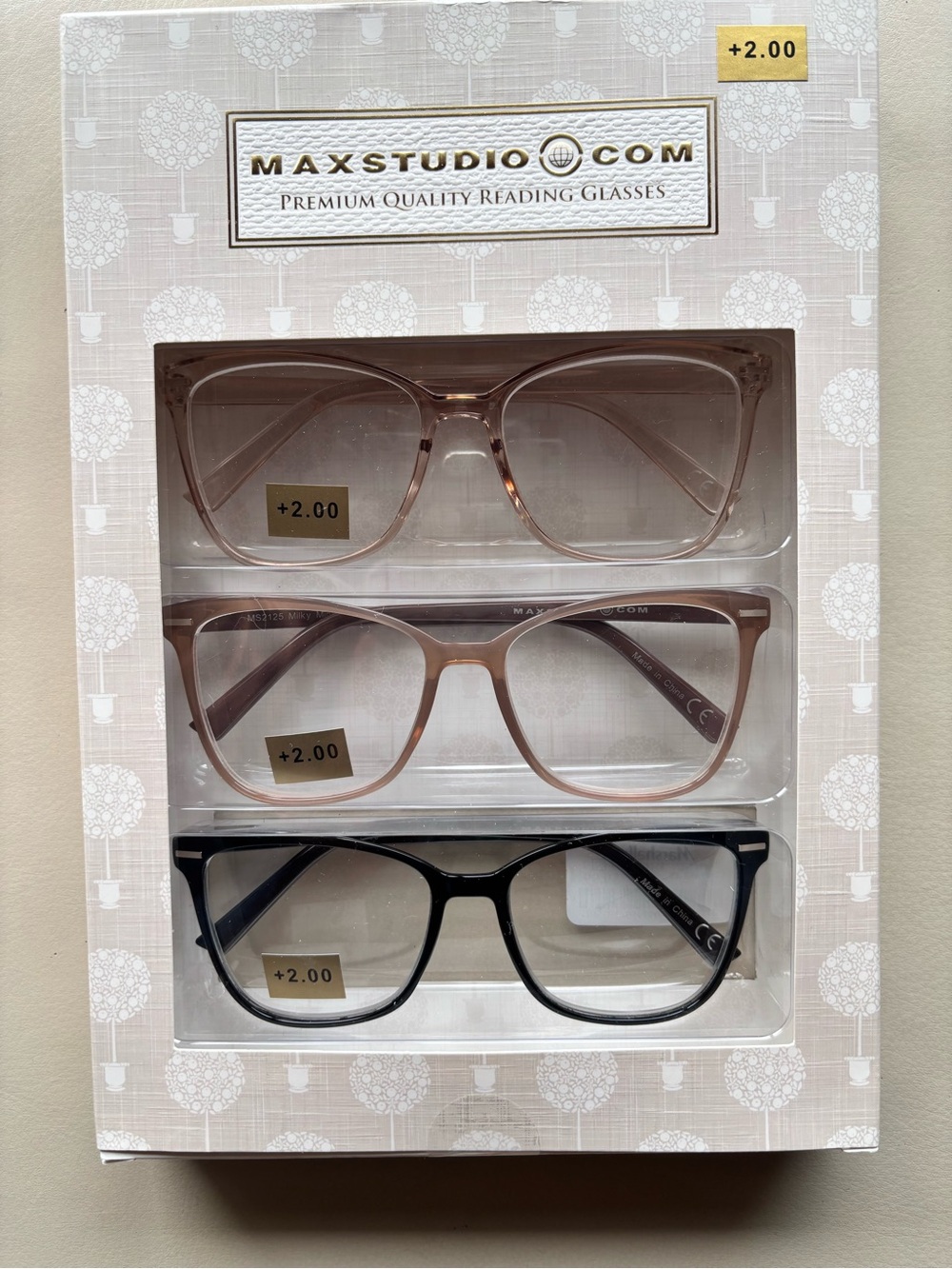 Maxstudio Premium Butterfly Readers 3-Pack in Pink, Rose Gold, and Black - +2.00